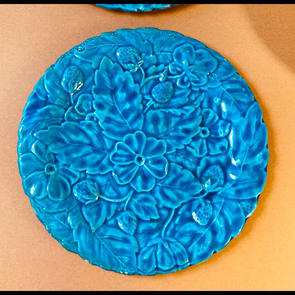 Antique Turquoise French P V pottery PAIR  of plates
